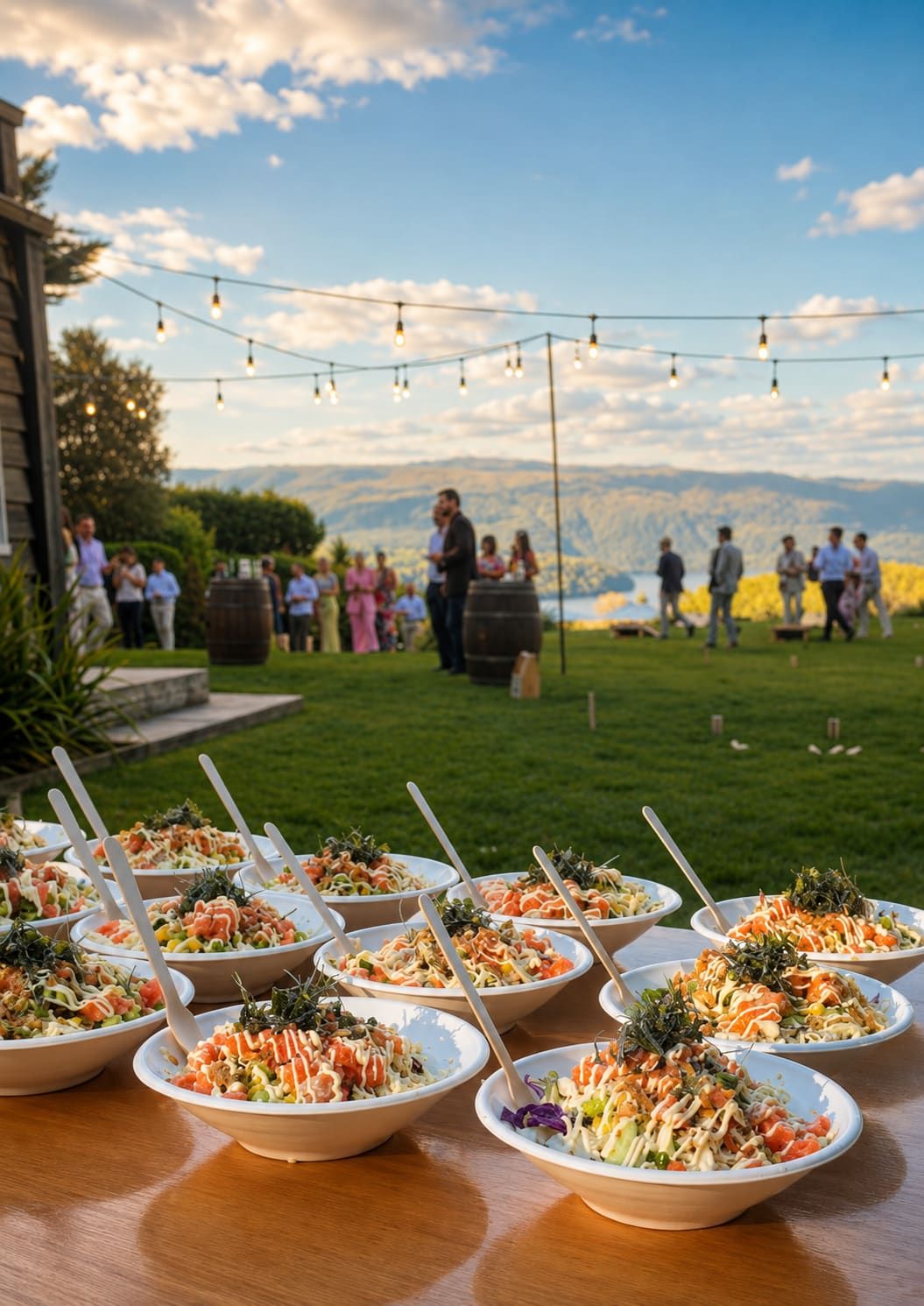Ichiban poke bowls laid out on a table at an outdoor catered event
